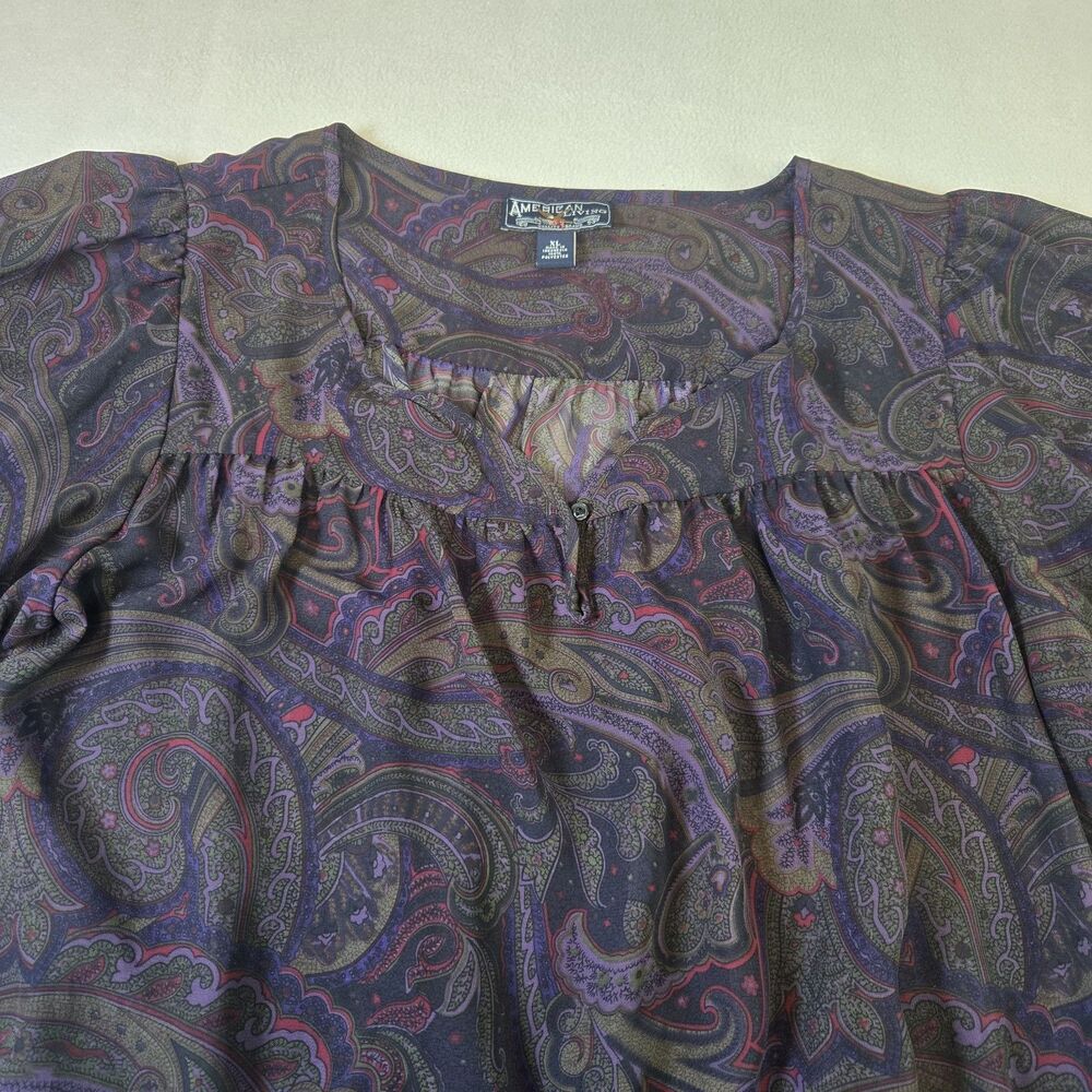 American Living Women Top XL Purple Paisley Blouse Boho Sheer Balloon Sleeve